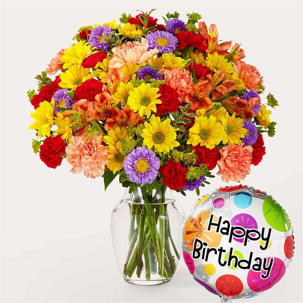 Kaleidoscope Bouquet with Birthday Balloon – Nicholasville Florist, Nicholasville KY