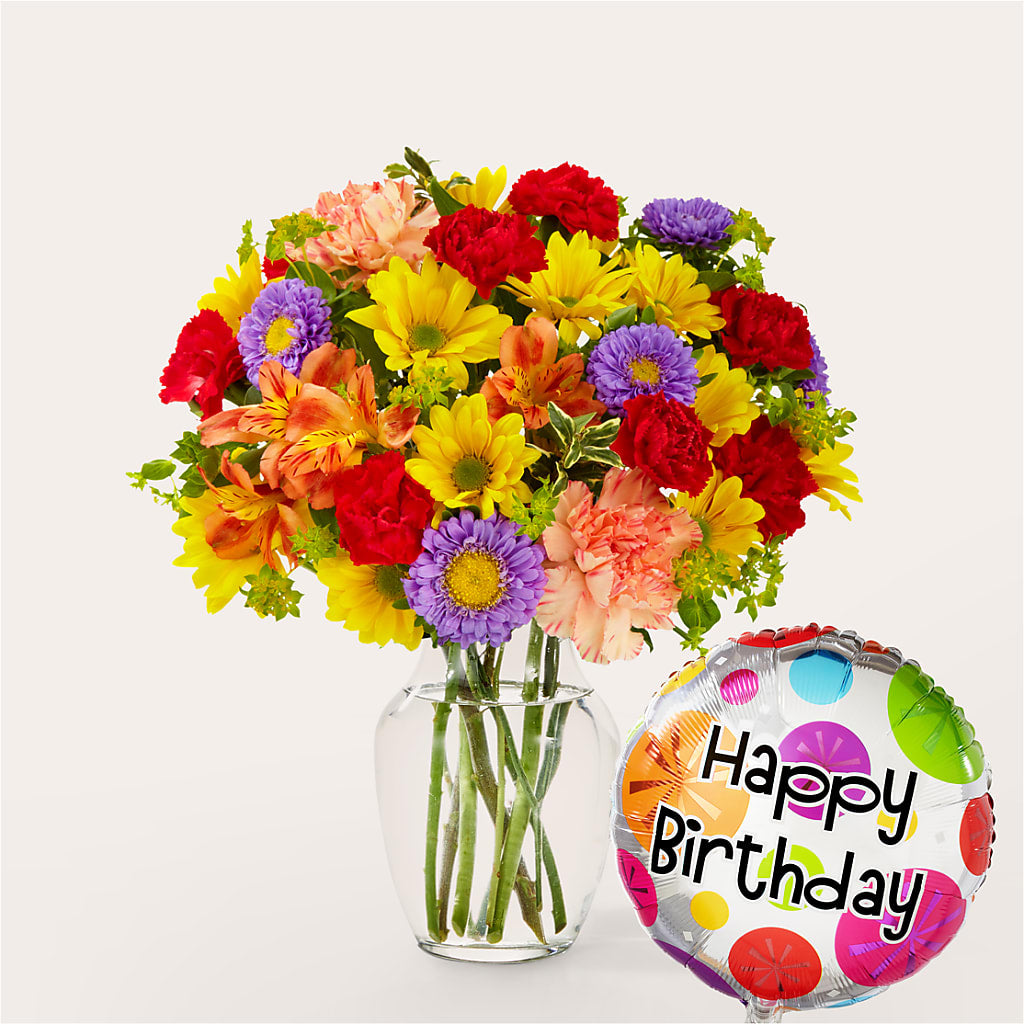 Kaleidoscope Bouquet with Birthday Balloon – Nicholasville Florist, Nicholasville KY