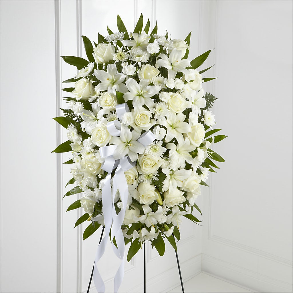 Exquisite Tribute Standing Spray-White Ribbon – Nicholasville Florist, Nicholasville KY