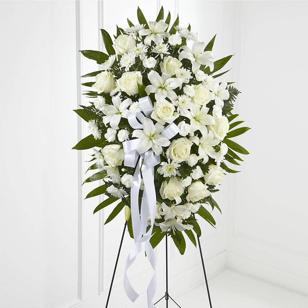 Exquisite Tribute Standing Spray-White Ribbon – Nicholasville Florist, Nicholasville KY