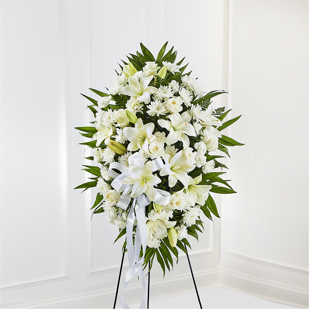 Exquisite Tribute Standing Spray-White Ribbon – Nicholasville Florist, Nicholasville KY